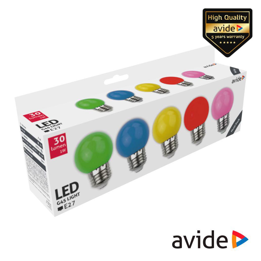 (imagem para) Conjunto 5 Lâmpadas E27 1W LED Globo G45 Cores 30lm AVIDE
