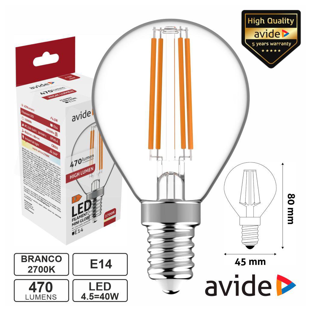 (imagem para) Lâmpada LED E14 Globo Filamento 4.5W 230V 2700K 470lm AVIDE