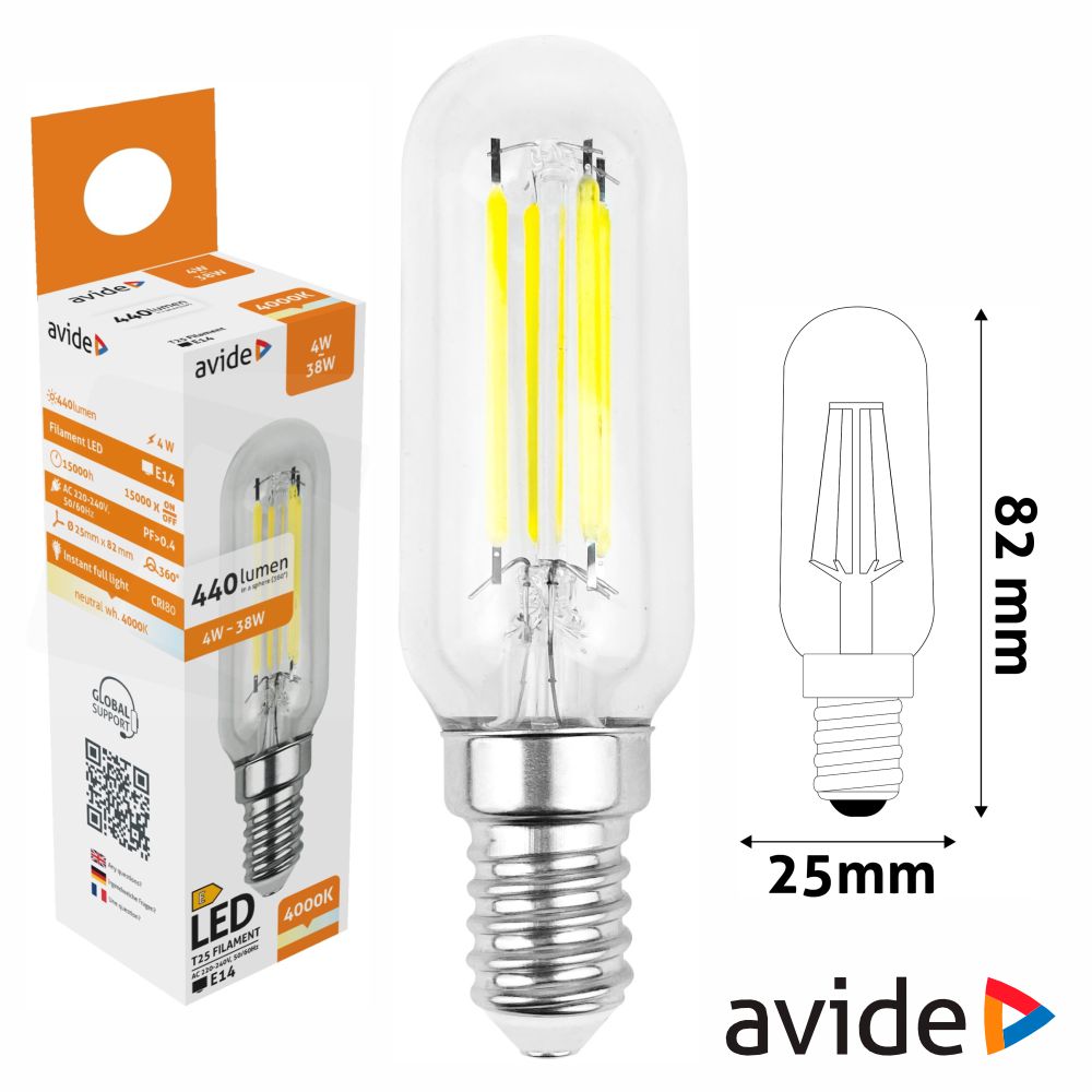 (imagem para) LÂMPADA LED E14 T25 FILAMENTO 4W 230V 4000K 440LM AVIDE