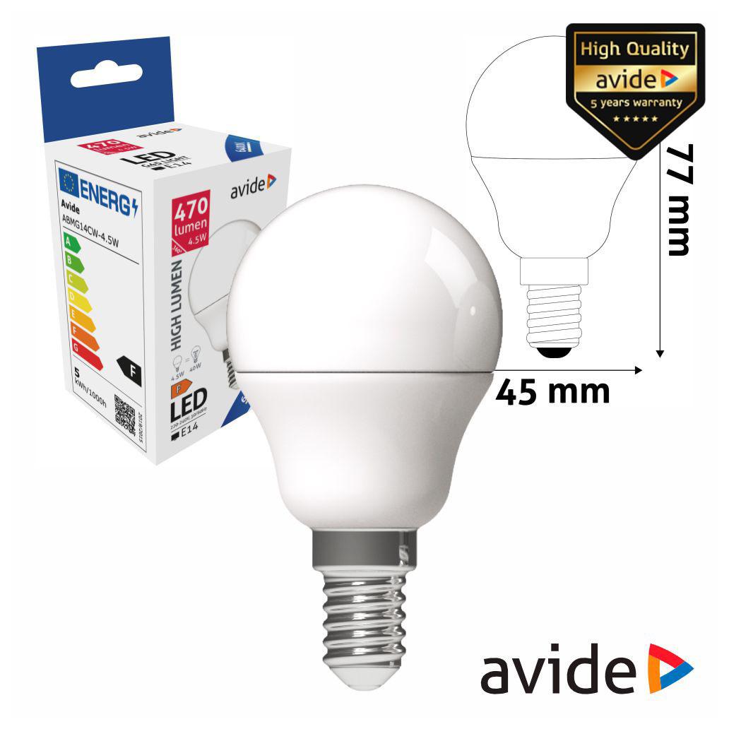 (imagem para) Lâmpada LED E14 Globo G45 4.5W 230V 6400K 470lm AVIDE