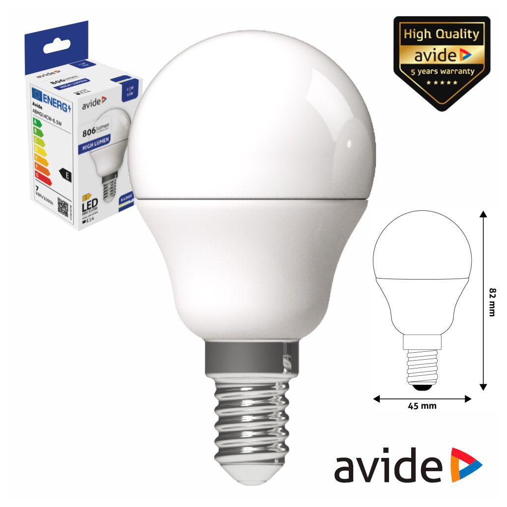 (imagem para) Lâmpada LED E14 Globo G45 6.5W 230V 6400K 806lm AVIDE