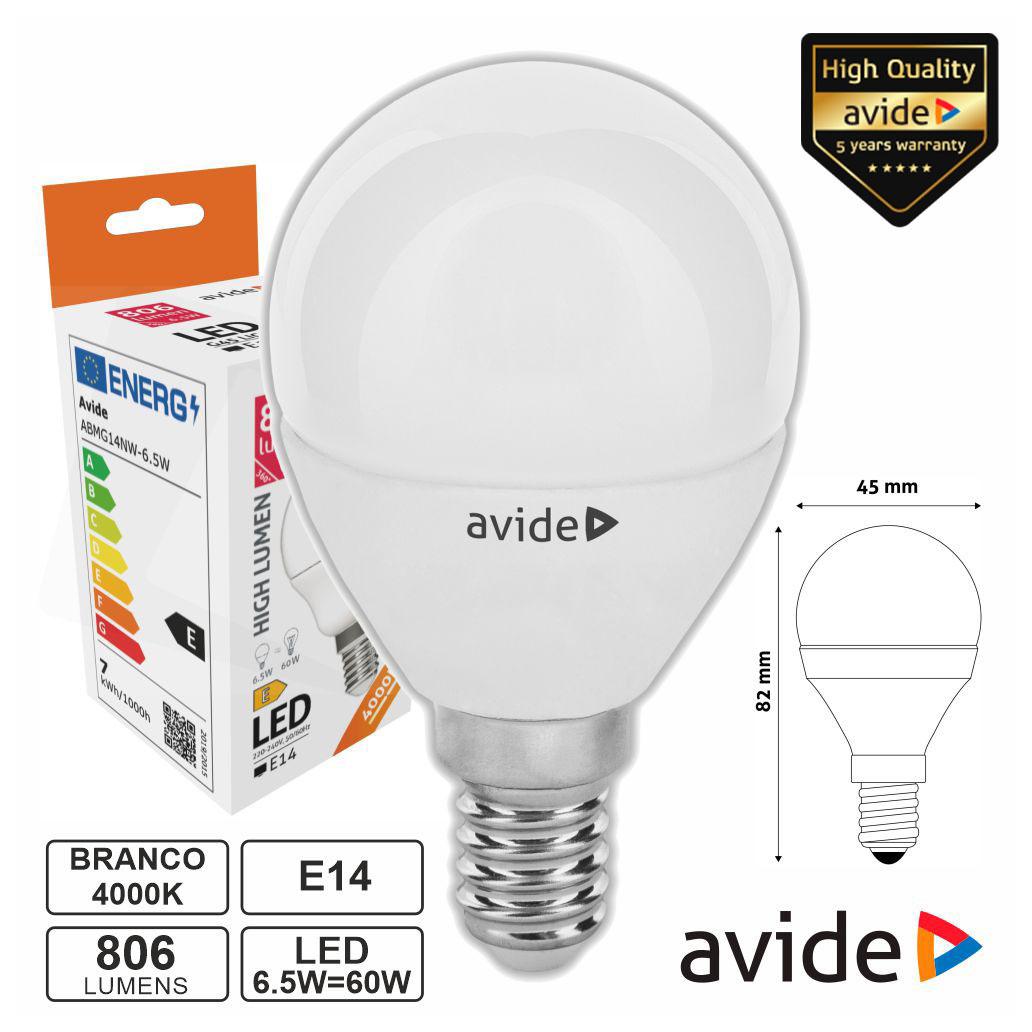 (imagem para) Lâmpada LED E14 Globo G45 6.5W 230V 4000K 806lm AVIDE