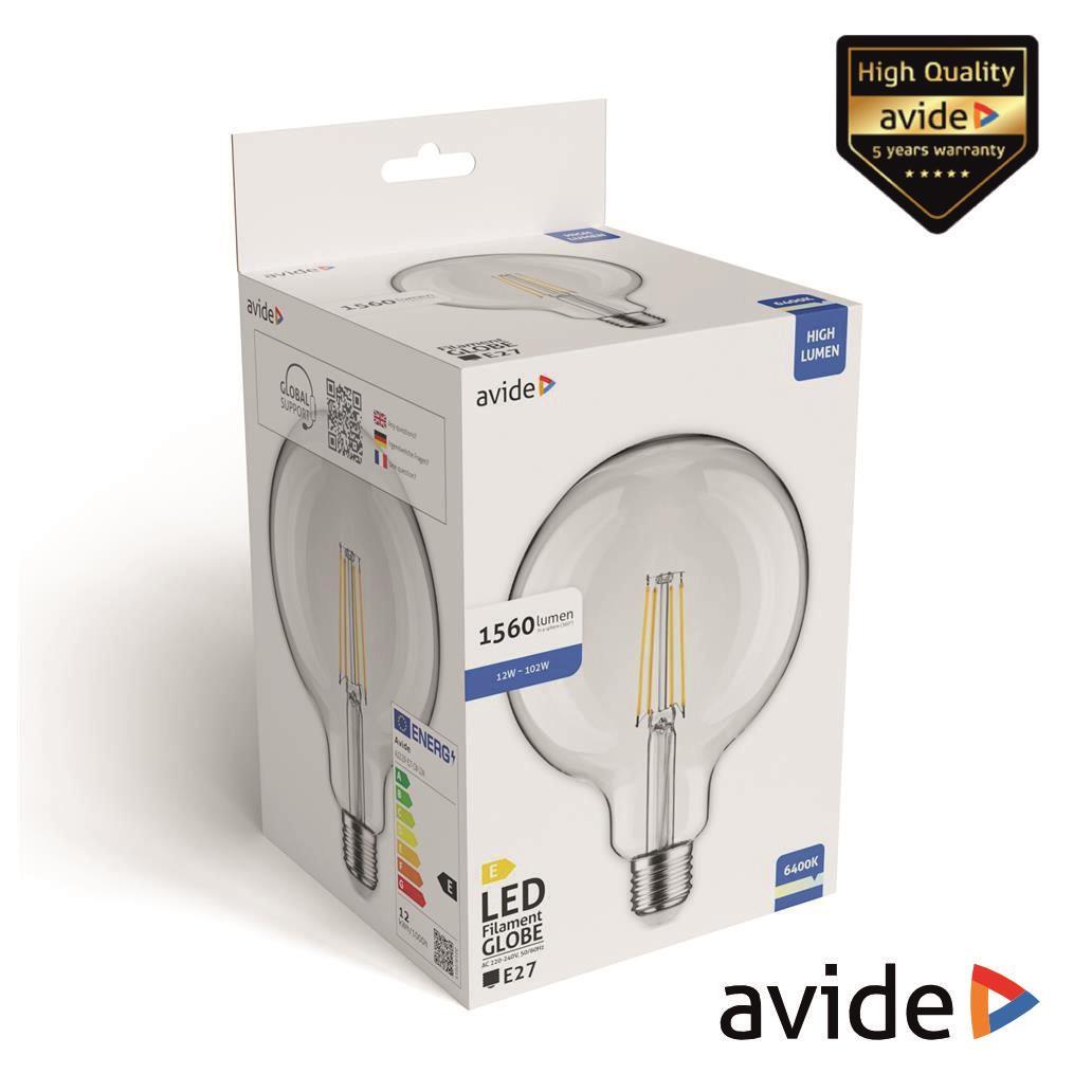(imagem para) Lâmpada LED E27 Globo Filamento 12W 240V 6400K 1560lm AVIDE