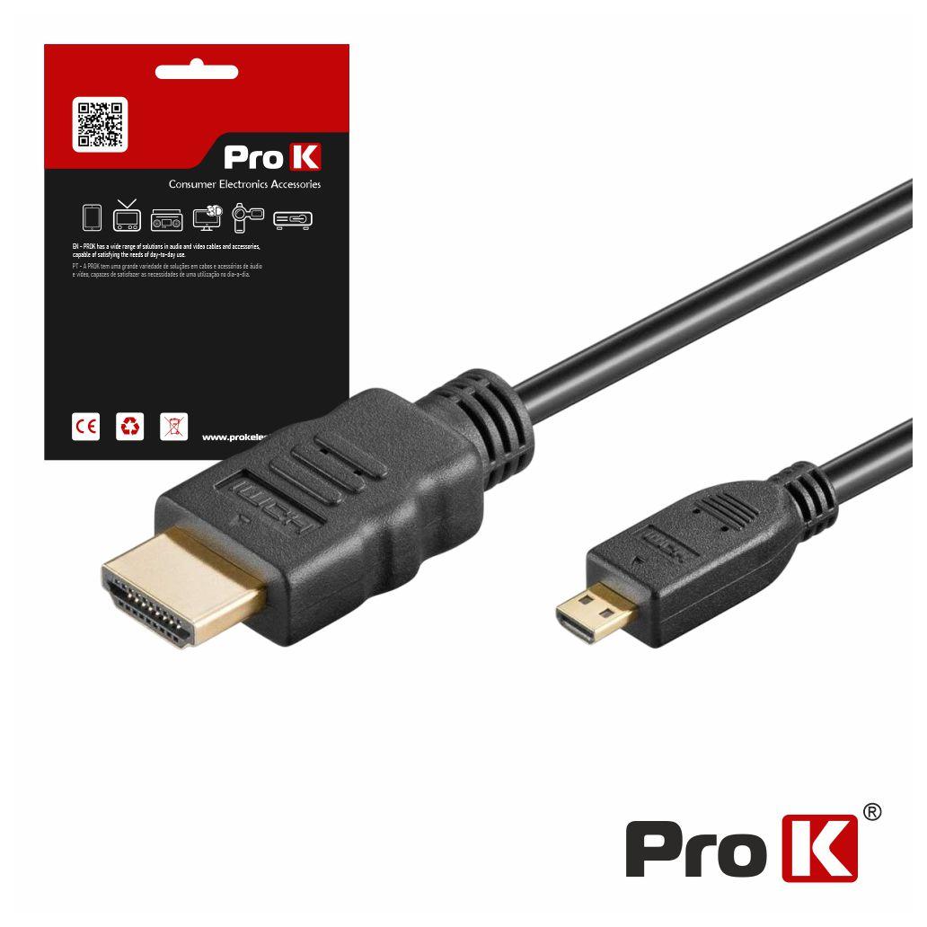 (imagem para) Cabo HDMI Dourado Macho / Micro HDMI Macho Preto 1.5m PROK