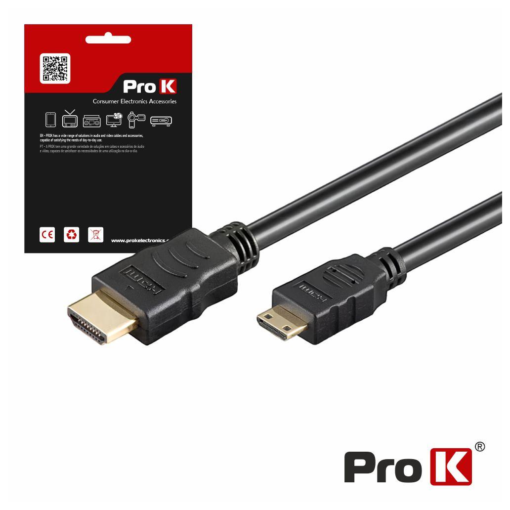 (imagem para) Cabo HDMI Dourado Macho / Mini HDMI Macho Preto 1.5m PROK
