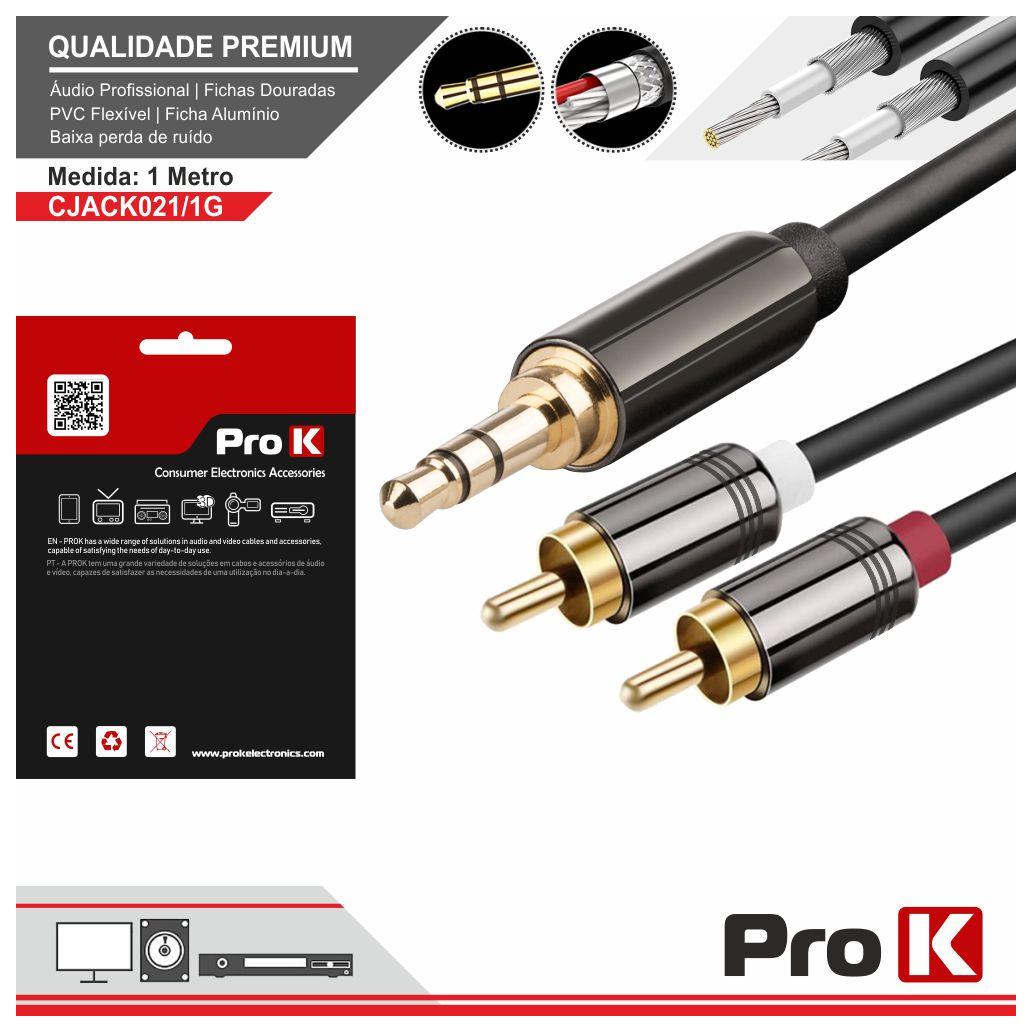 (imagem para) Cabo Jack 3.5mm Macho ST / 2-RCA Macho 1M PROK