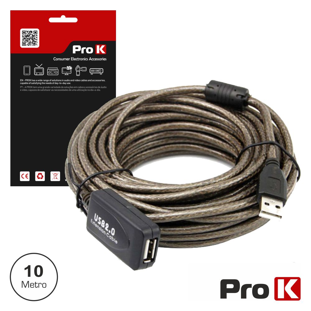 (imagem para) Cabo USB-A 2.0 Macho / USB-A Fêmea Amplificado 10m PROK