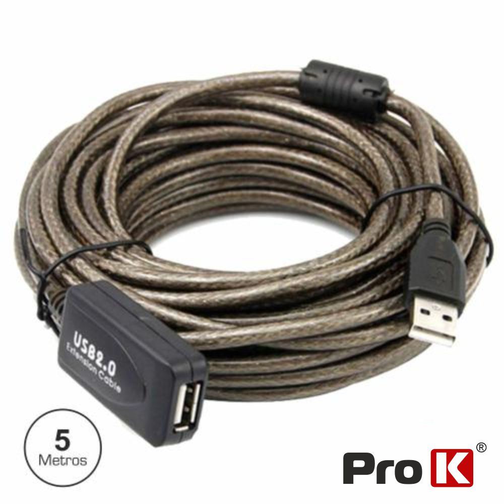 (imagem para) Cabo USB-A 2.0 Macho / USB-A Fêmea Amplificado 5m PROK